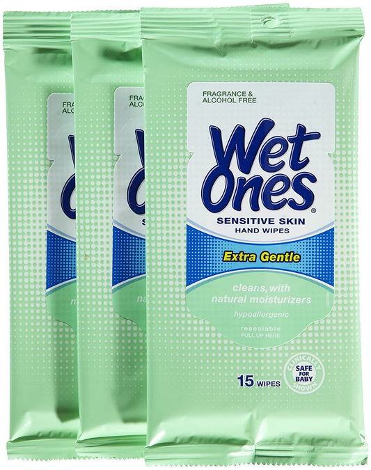 Wet Ones Sensitive Skin Hand and Face Moist Wipes, Travel - 15 ct - 3 pk