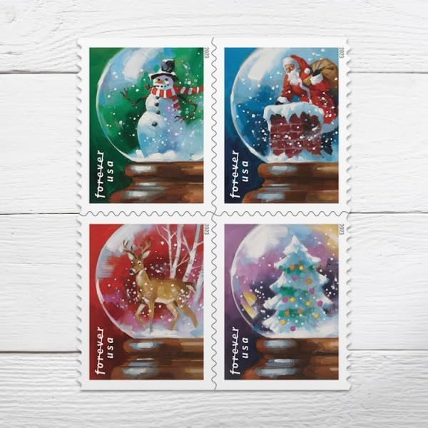 USPS Snow Globes Forever Postage Stamps (A Snowman, Santa Claus Poised on a Chimney, a Majestic Deer, and a Christmas Tree) 2023 Scott #5816-5819