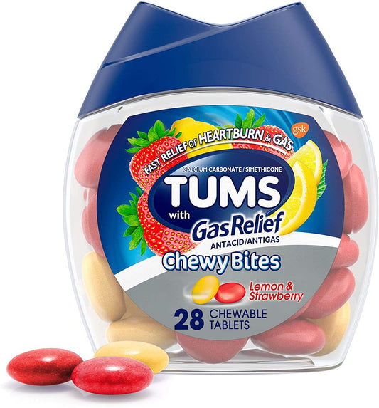 TUMS Chewy Bites Chewable Antacid Tablets with Gas Relief, Lemon & Strawberry - 28 Count