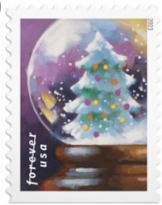 USPS Snow Globes Forever Postage Stamps (A Snowman, Santa Claus Poised on a Chimney, a Majestic Deer, and a Christmas Tree) 2023 Scott #5816-5819