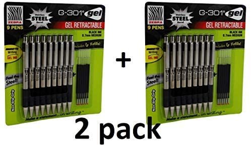 Zebra G-301 Gel Stainless Steel 9 pens w/ 6 Refill Cartridges - 2 Pack