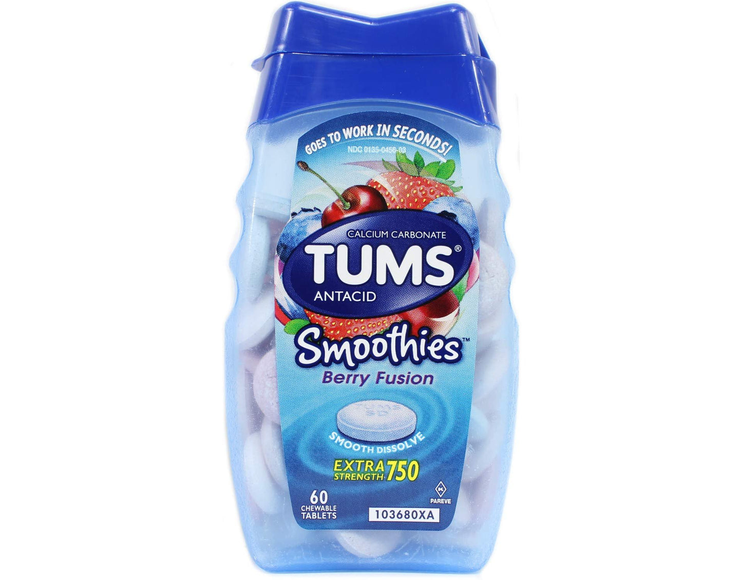 TUMS Smoothies Berry Fusion Extra Strength 750 Antacid Tablets 60 Count