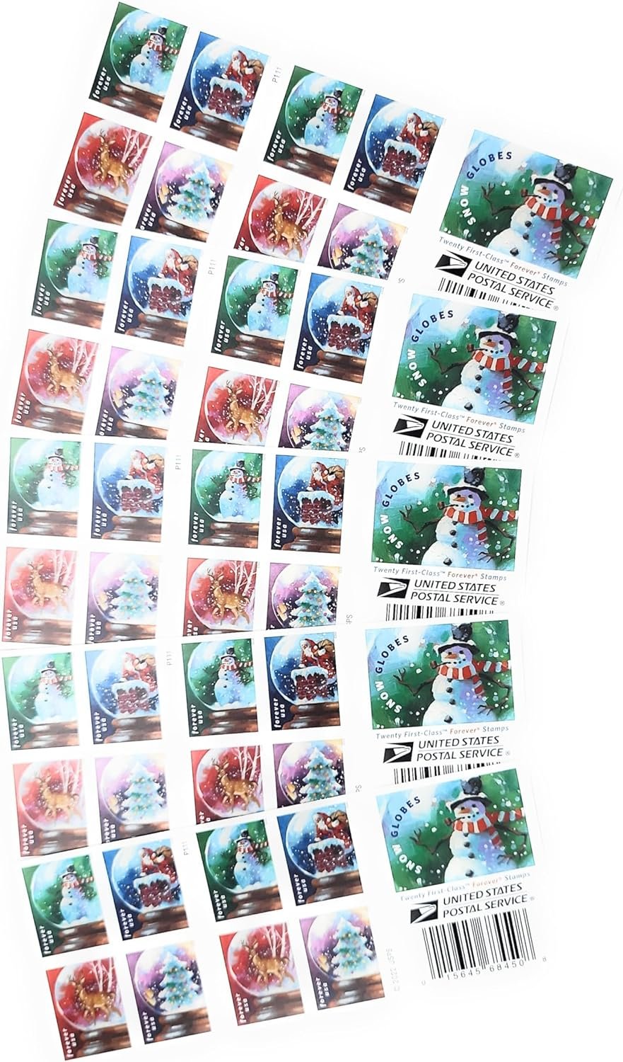 USPS Snow Globes Forever Postage Stamps (A Snowman, Santa Claus Poised on a Chimney, a Majestic Deer, and a Christmas Tree) 2023 Scott #5816-5819