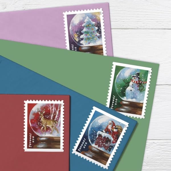 USPS Snow Globes Forever Postage Stamps (A Snowman, Santa Claus Poised on a Chimney, a Majestic Deer, and a Christmas Tree) 2023 Scott #5816-5819