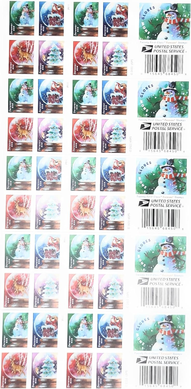 USPS Snow Globes Forever Postage Stamps (A Snowman, Santa Claus Poised on a Chimney, a Majestic Deer, and a Christmas Tree) 2023 Scott #5816-5819