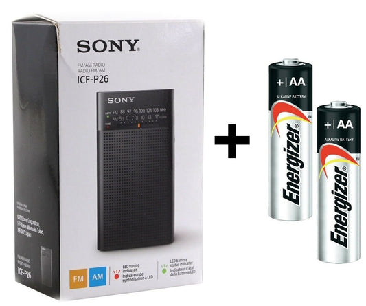 Sony ICFP26 Portable AM/FM Radio with Speaker (Black) + FREE Energizer Battery