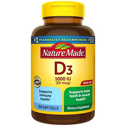 Vitamin D3, 100 Softgels, Vitamin D 1000 IU (25 mcg) Helps Support Immune Health, Strong Bones and Teeth, & Muscle Function, 125% of The Daily Value for Vitamin D in Only One Daily Softgel
