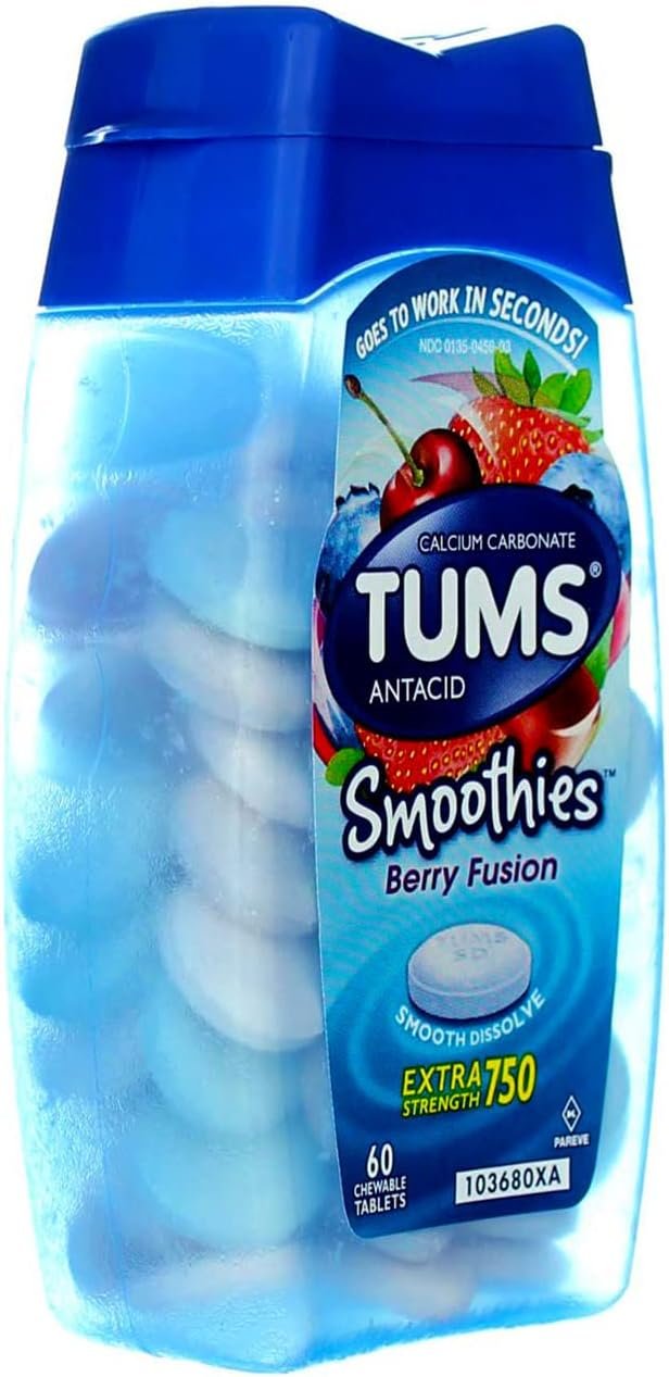 TUMS Extra Strength Smoothies Antacid Chewable Tablets, Berry Fusion, 750 mg, 60 Ct (Pack of 1)