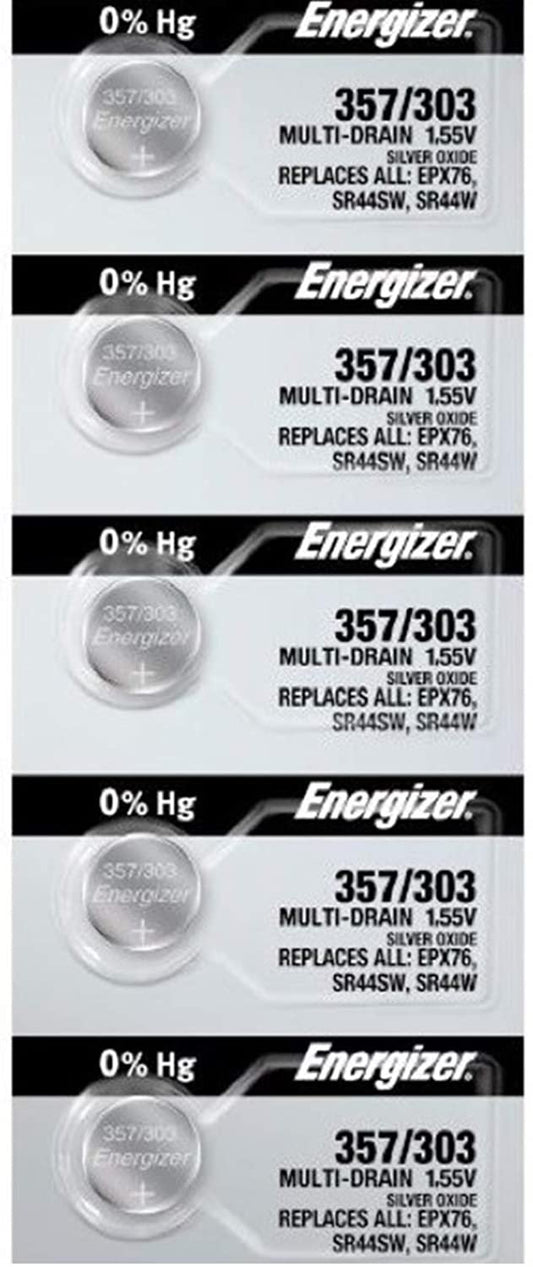 Energizer 357/303 (SR44W, SR44SW, EPX76) Silver Oxide Multi Drain Watch Battery. On Tear Strip (Pack of 5)