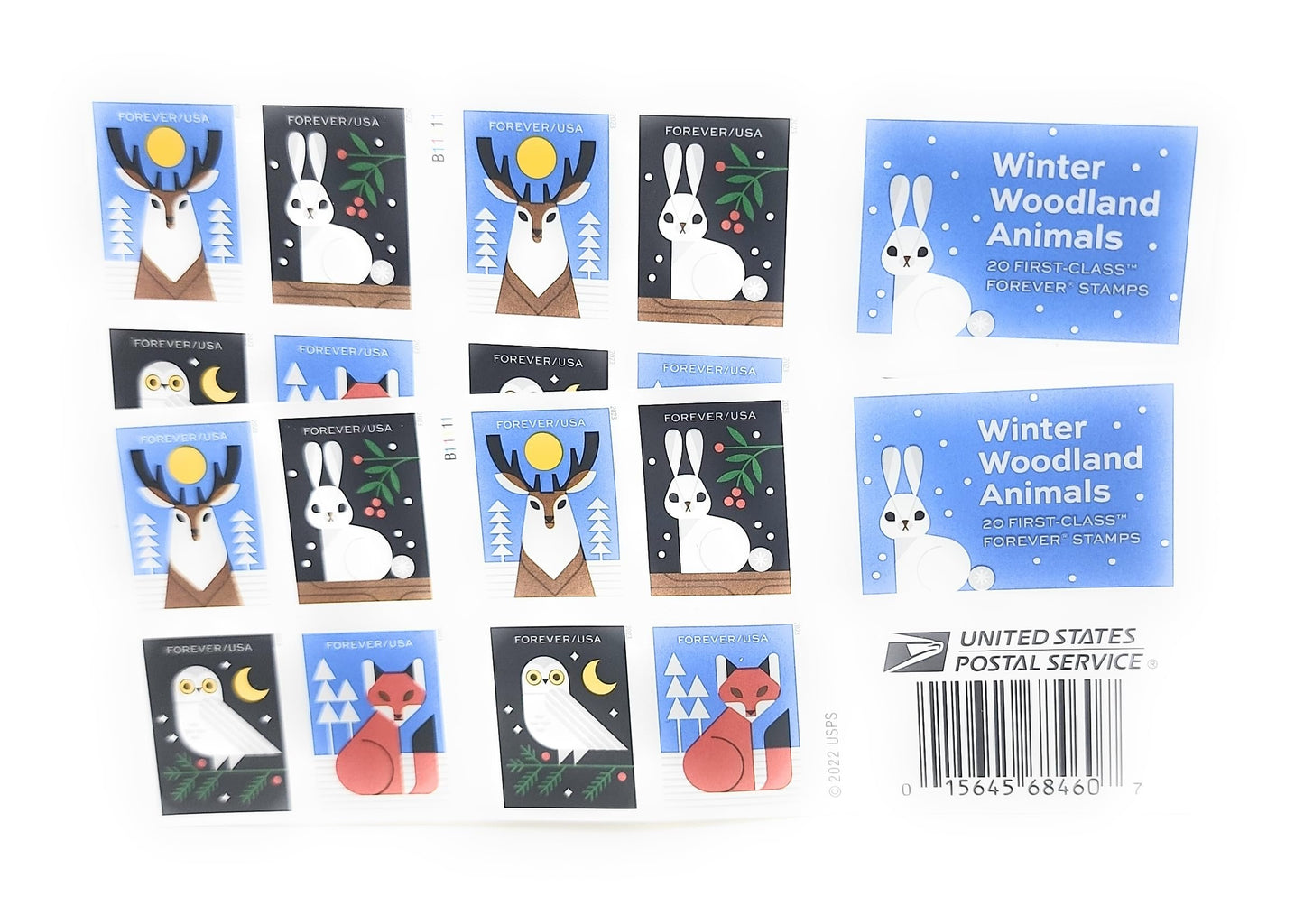 Winter Woodland Animals (Booklet of 20) Forever Postage Stamps (a Deer, Fox, Rabbit, and Owl) 2023 Scott #5822-5825