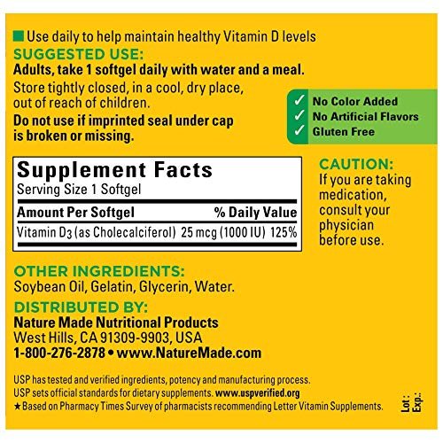 Vitamin D3, 100 Softgels, Vitamin D 1000 IU (25 mcg) Helps Support Immune Health, Strong Bones and Teeth, & Muscle Function, 125% of The Daily Value for Vitamin D in Only One Daily Softgel