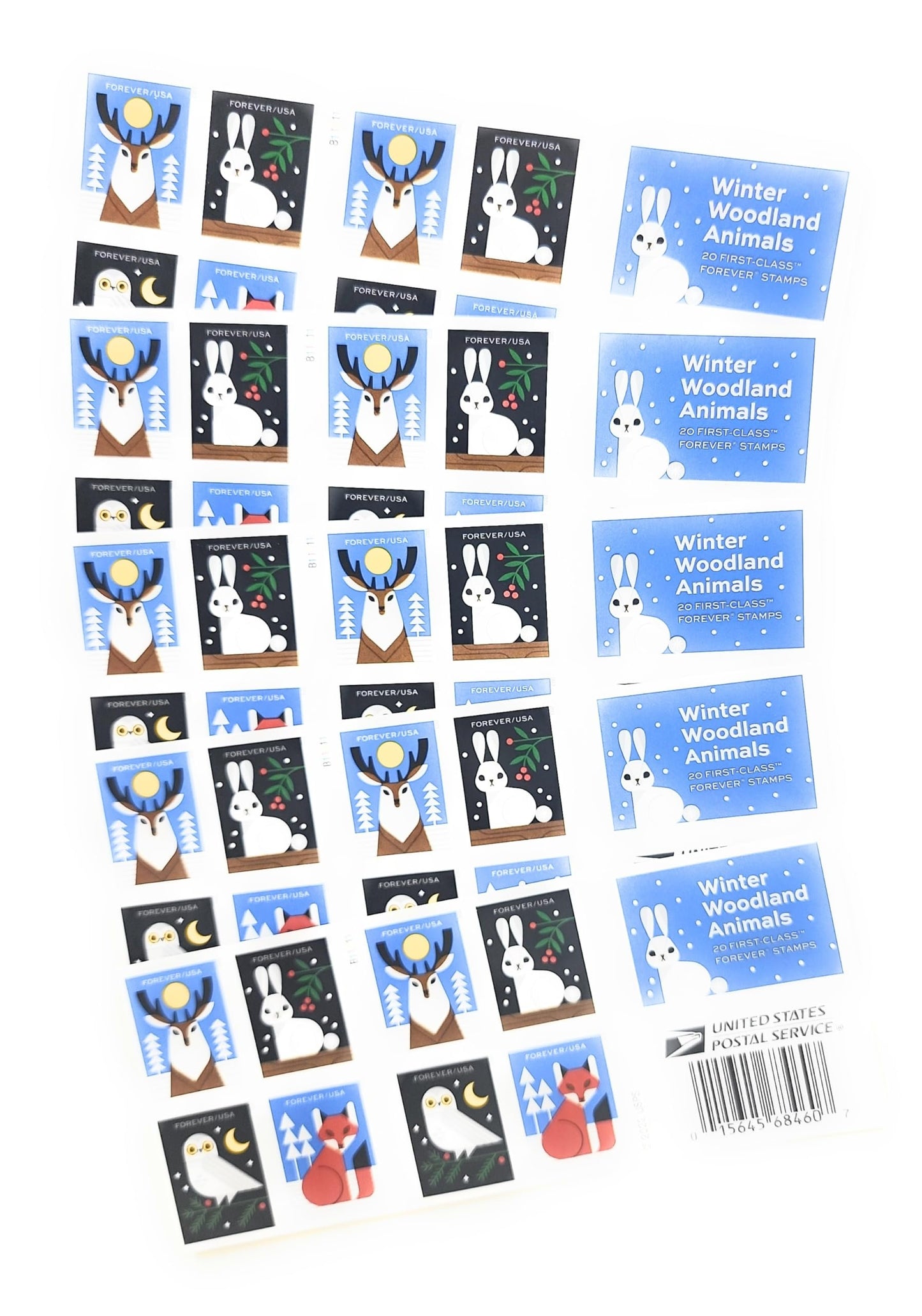 Winter Woodland Animals (Booklet of 20) Forever Postage Stamps (a Deer, Fox, Rabbit, and Owl) 2023 Scott #5822-5825