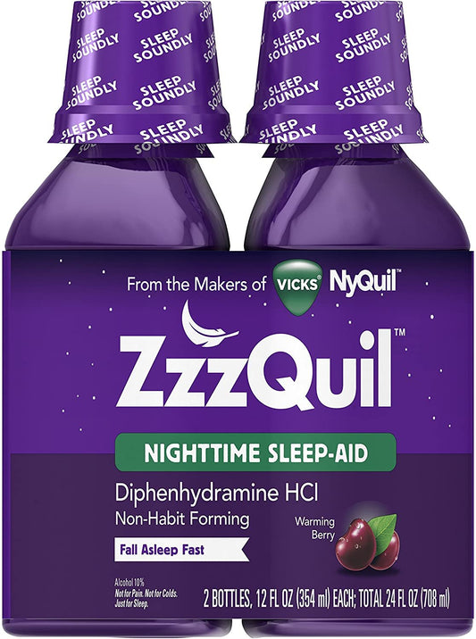 ZzzQuil, Nighttime Sleep Aid Liquid, 50 mg Diphenhydramine HCl, No.1 Sleep-Aid Brand, Warming Berry Flavor, Non-Habit Forming, 12 FL OZ Twin Pack