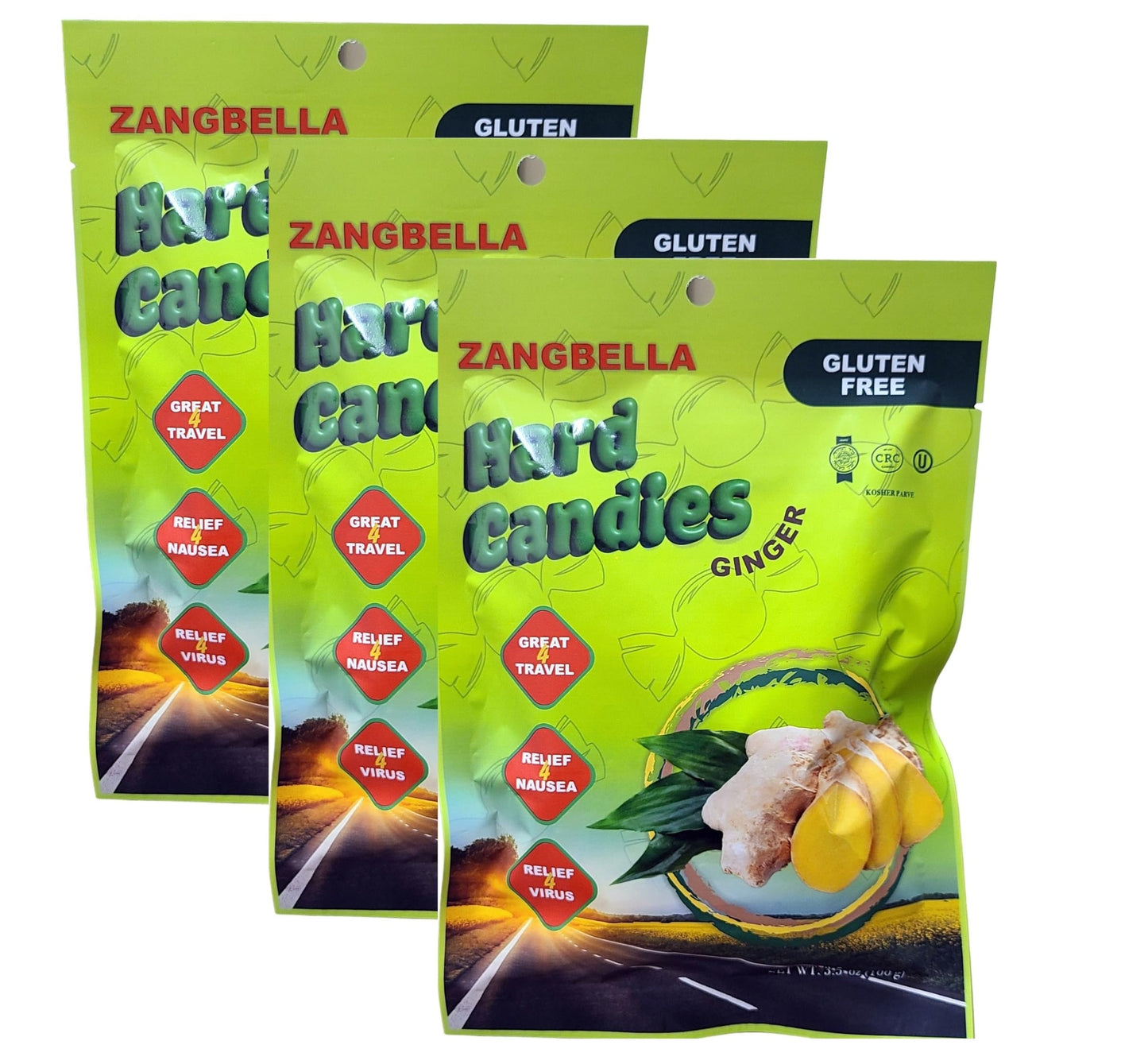 ZANGBELLA Ginger Hard Candy - Relief Nausea, Motion Sickness, Upset Stomach, Great Tasting Flavor, Individually Wrapped, Net 3.5 oz (3 Pack)