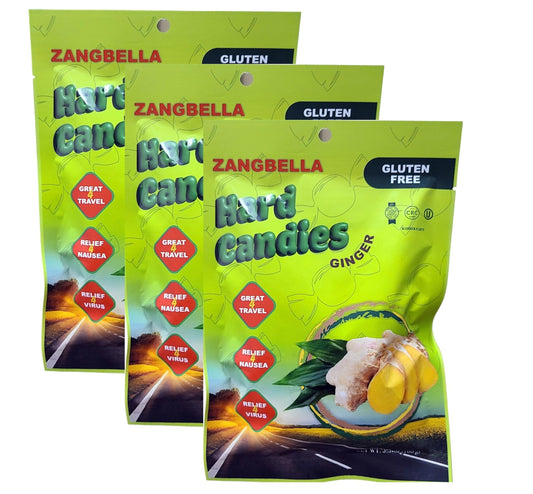 ZANGBELLA Ginger Hard Candy - Relief Nausea, Motion Sickness, Upset Stomach, Great Tasting Flavor, Individually Wrapped, Net 3.5 oz (3 Pack)