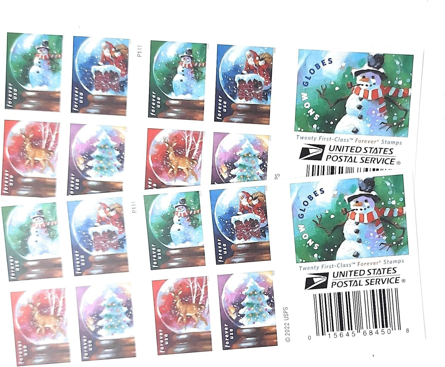 USPS Snow Globes Forever Postage Stamps (A Snowman, Santa Claus Poised on a Chimney, a Majestic Deer, and a Christmas Tree) 2023 Scott #5816-5819