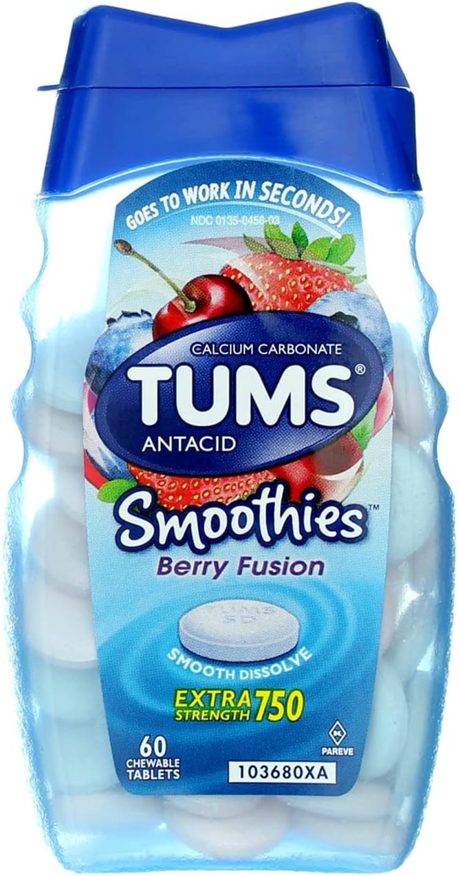TUMS Extra Strength Smoothies Antacid Chewable Tablets, Berry Fusion, 750 mg, 60 Ct (Pack of 1)