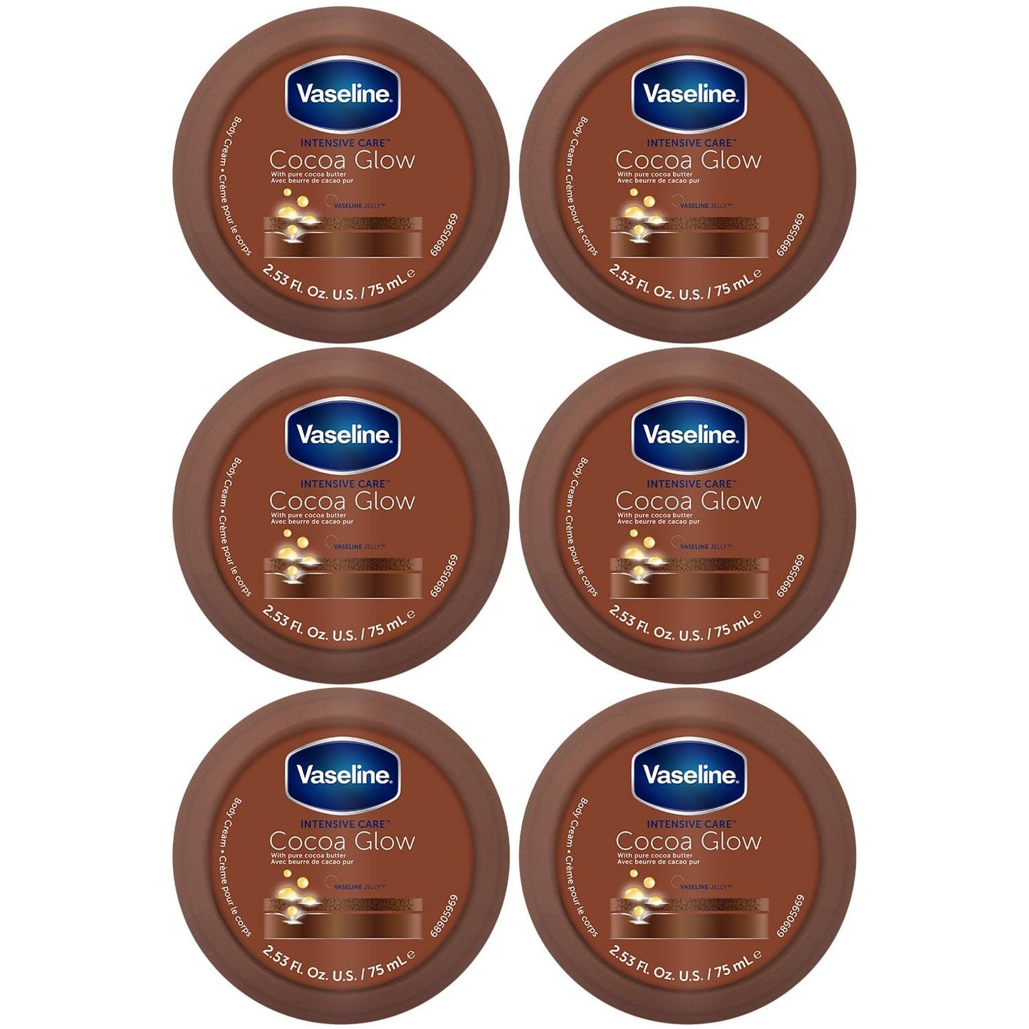 Vaseline Cocoa Glow Body Cream 6-Pack – Pure Cocoa Butter 48H Moisturizing Cream for Dry Skin, Travel-Size, 2.53 Fl Oz Ea