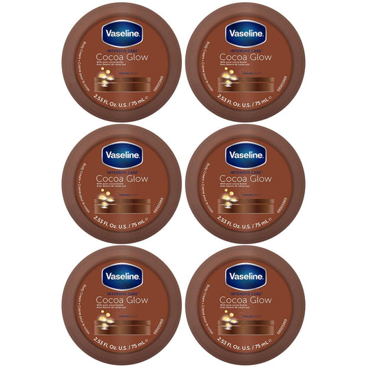 Vaseline Cocoa Glow Body Cream 6-Pack – Pure Cocoa Butter 48H Moisturizing Cream for Dry Skin, Travel-Size, 2.53 Fl Oz Ea