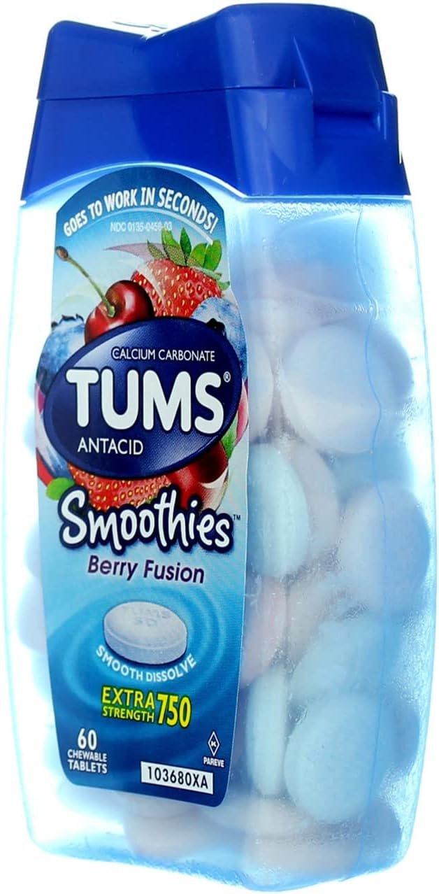 TUMS Extra Strength Smoothies Antacid Chewable Tablets, Berry Fusion, 750 mg, 60 Ct (Pack of 1)