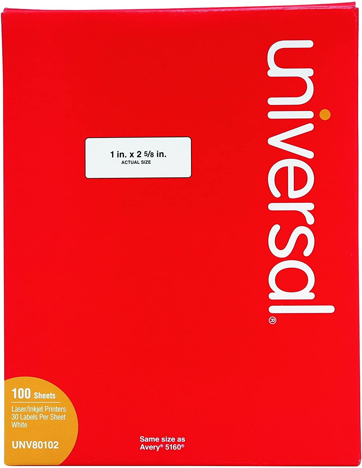 Universal Laser Printer Permanent Labels, 1" x 2-5/8", White, 3000/Box (80102)