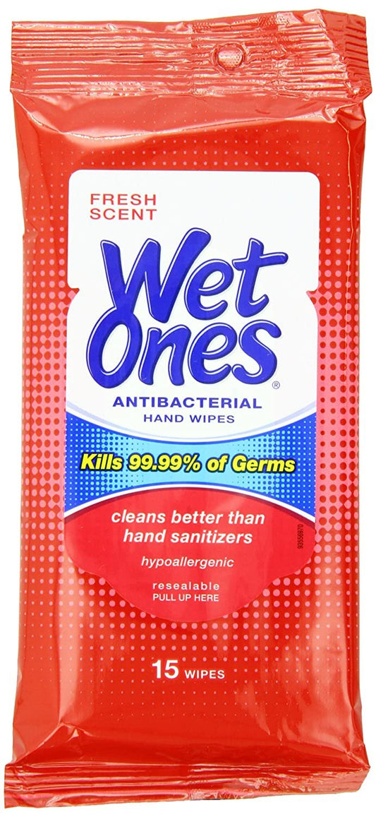 Wet Ones Antibacterial Hand Wipes Travel Pack, 15-Count (Pack of 12)(colors may vary)