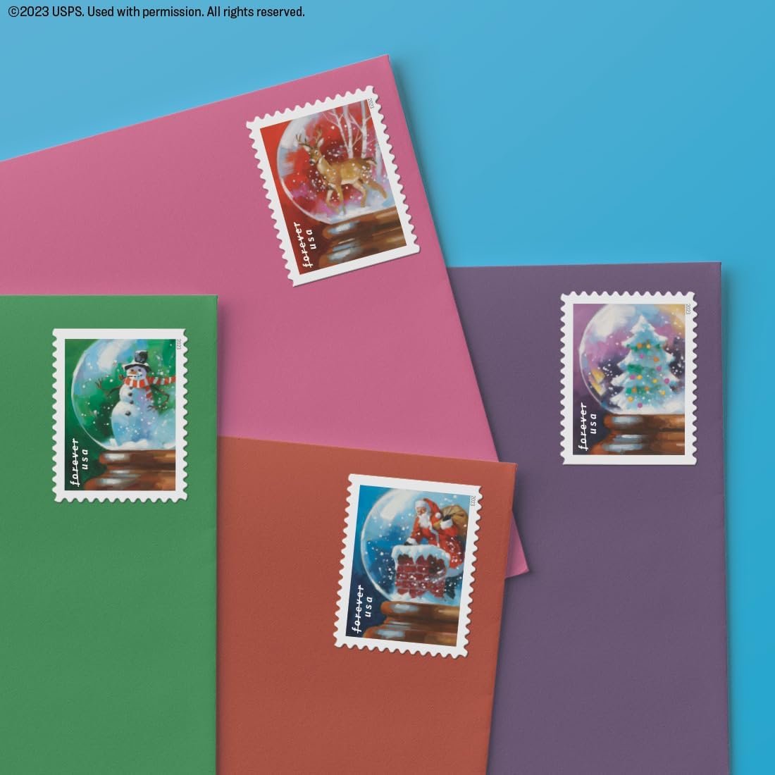 USPS Snow Globes Forever Postage Stamps (A Snowman, Santa Claus Poised on a Chimney, a Majestic Deer, and a Christmas Tree) 2023 Scott #5816-5819