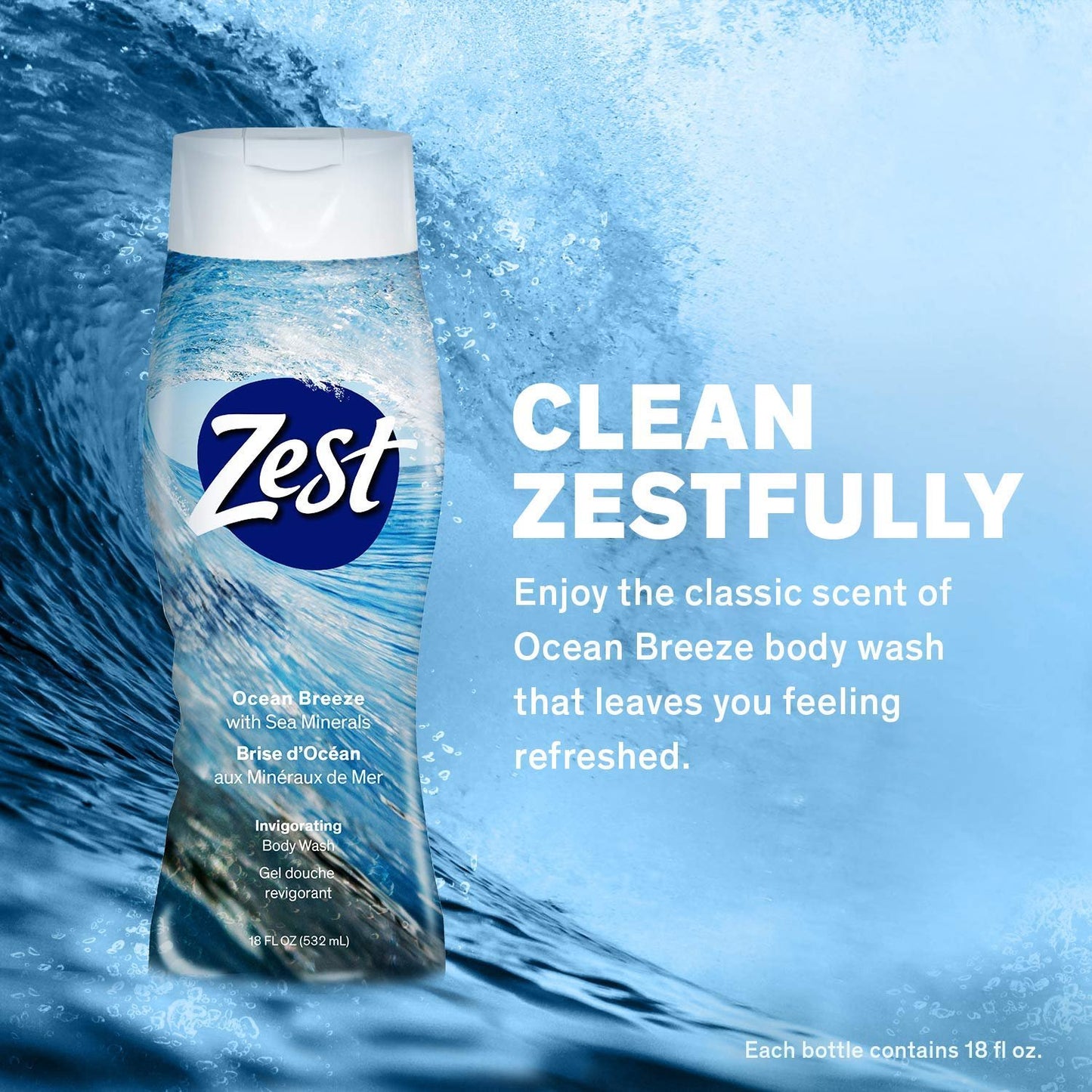 Zest Ocean Breeze Body Wash - Enriched with Sea Minerals - Rich Lathering Cleansing Body Wash Leaves Your Skin Feeling Smooth and Moisturized With an Invigorating Scent, 18 Fl Oz (Pack of 6)