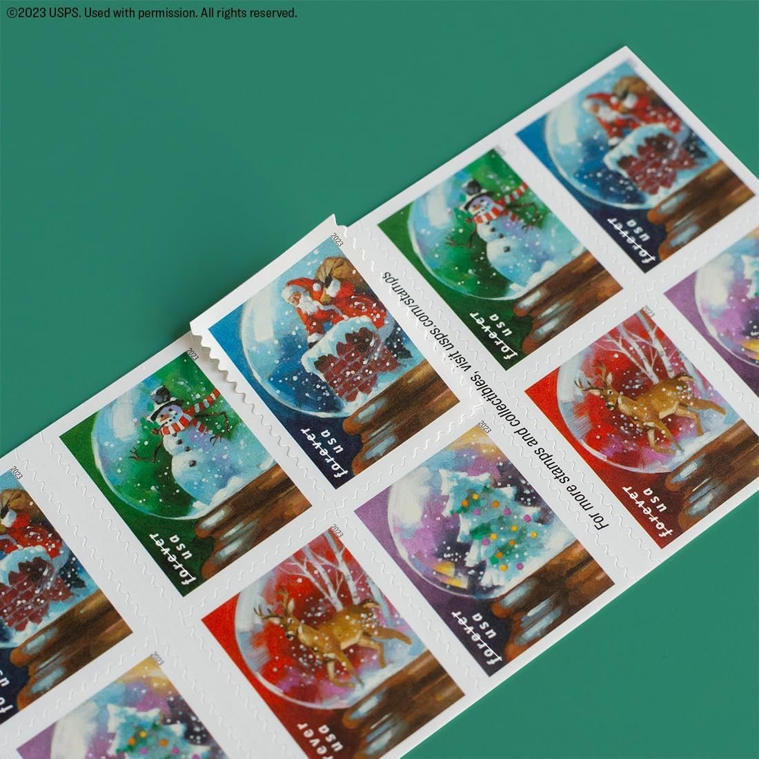 USPS Snow Globes Forever Postage Stamps (A Snowman, Santa Claus Poised on a Chimney, a Majestic Deer, and a Christmas Tree) 2023 Scott #5816-5819