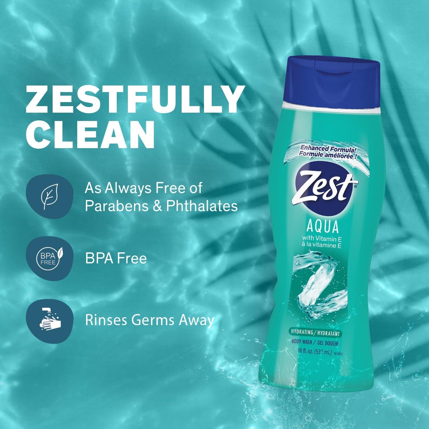 Zest Aqua Hydrating Body Wash, 18 Fl Oz (Pack of 6) - Moisturizing & Refreshing Shower Gel, Easily Lathers for a Relaxing Bubble Bath - Foaming & Exfoliating Skin Cleanser for a Smooth & Clean Skin