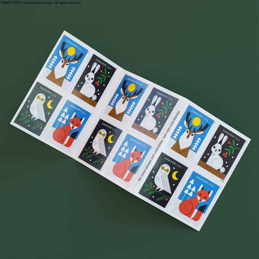 Winter Woodland Animals (Booklet of 20) Forever Postage Stamps (a Deer, Fox, Rabbit, and Owl) 2023 Scott #5822-5825