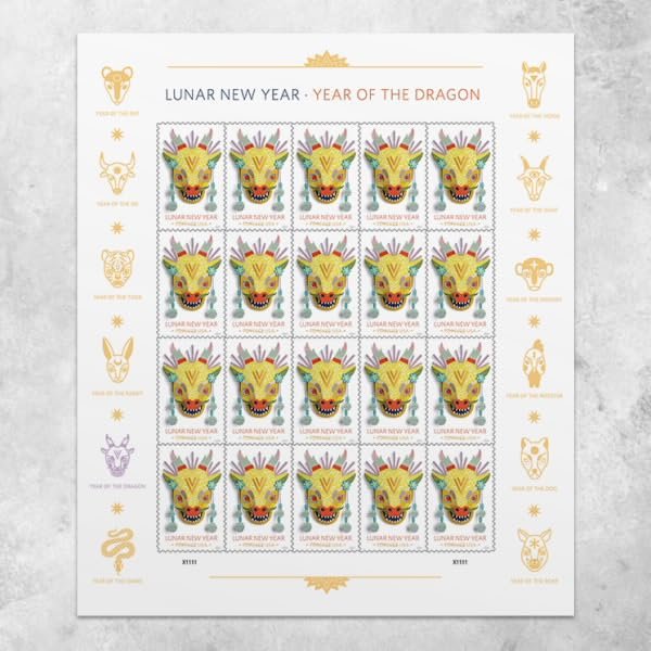 United States Postal Service Lunar New Year: 2024 Year of The Dragon, Sheet of 20 Postage Stamps