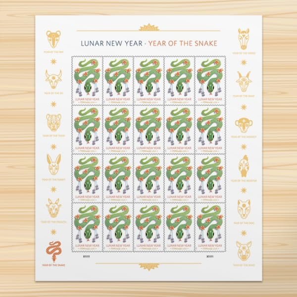 United States Postal Service Celebrating Lunar New Year: 2025 Year of The Snake, Sheet of 20 Postage Stamps