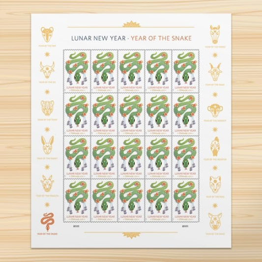 United States Postal Service Celebrating Lunar New Year: 2025 Year of The Snake, Sheet of 20 Postage Stamps