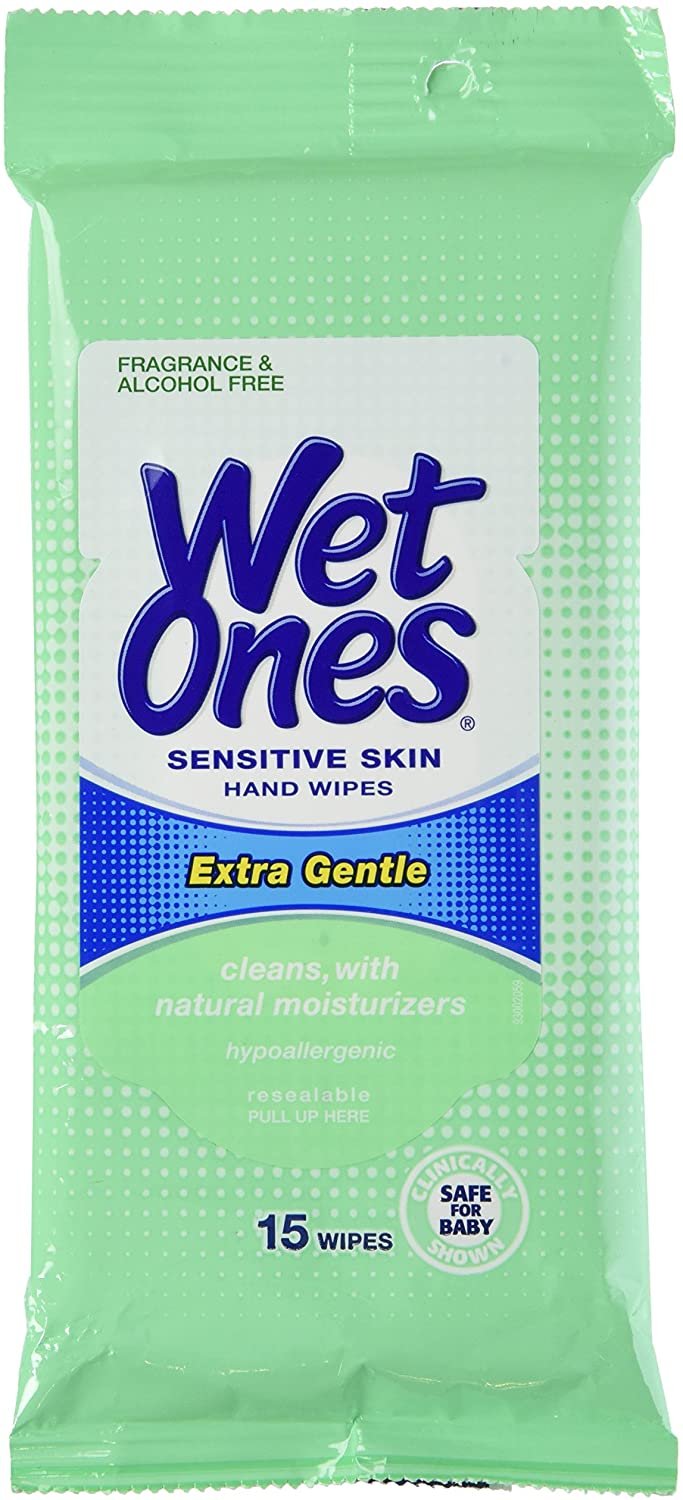 Wet Ones Hand & Face Wipes, Sensitive Skin, Extra Gentle, Travel Pack 15 Each (Pack of 6)