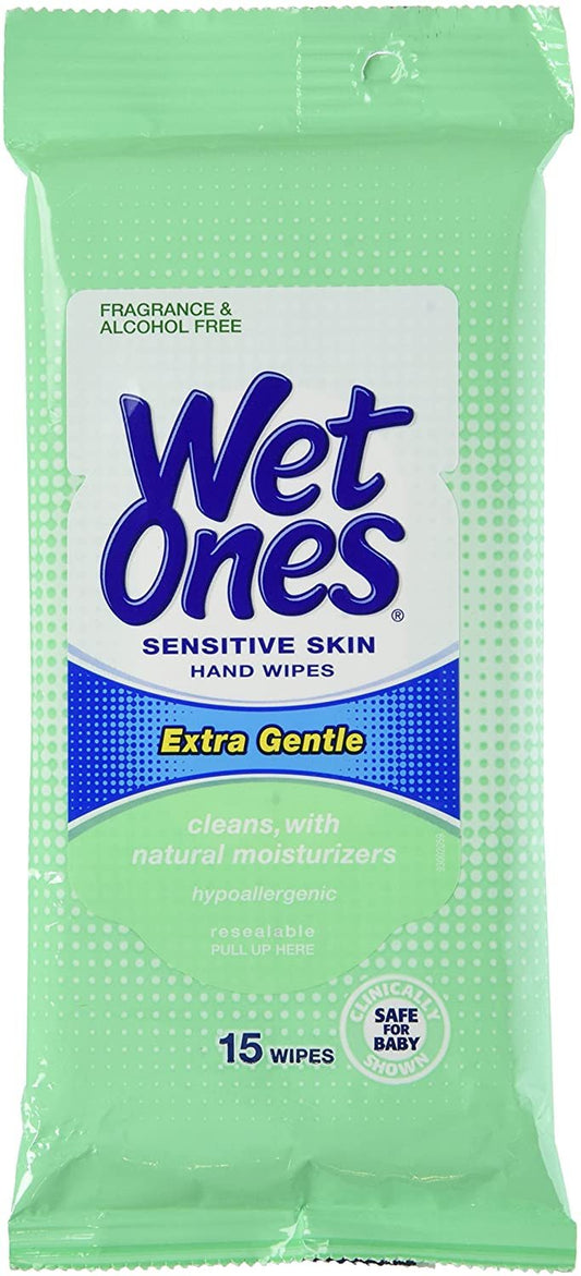 Wet Ones Hand & Face Wipes, Sensitive Skin, Extra Gentle, Travel Pack 15 Each (Pack of 6)