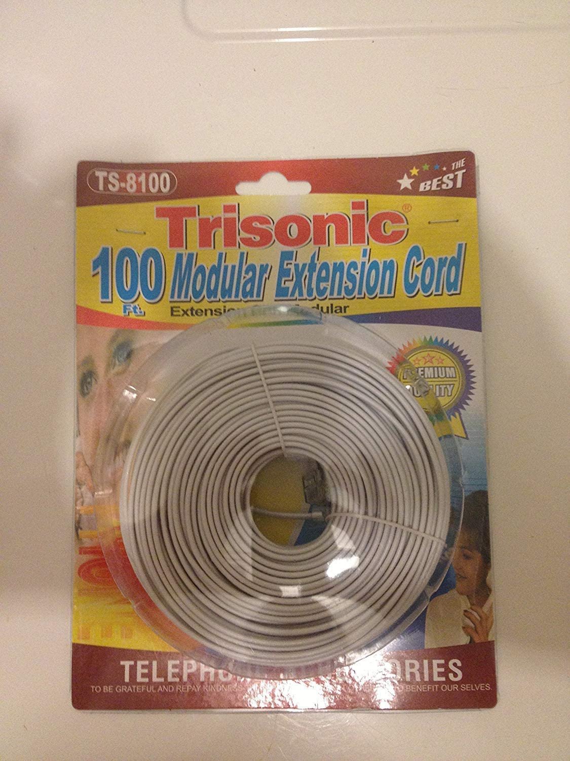 Trisonic Telephone Extension Cord Phone Cable Foot, White, 100Ft.