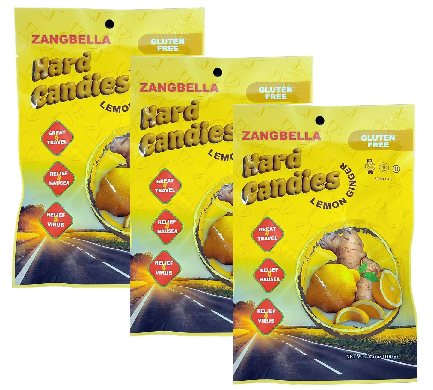ZANGBELLA Ginger Hard Candy - Relief Nausea, Motion Sickness, Upset Stomach, Great Tasting Lemon Flavor, Individually Wrapped (3 PACK)