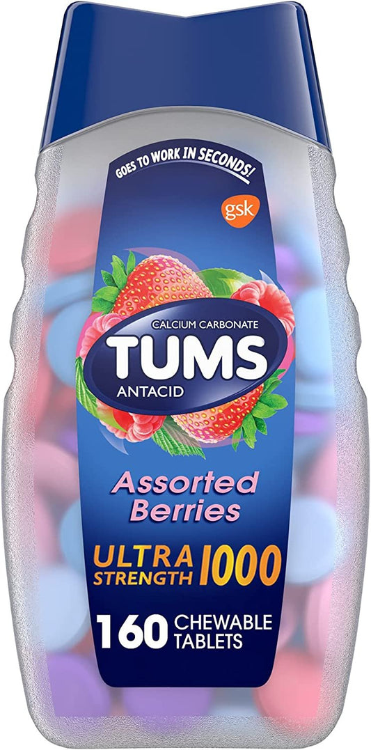 TUMS Ultra Strength Chewable Antacid Tablets for Heartburn Relief and Acid Indigestion Relief, Assorted Berries - 160 Count