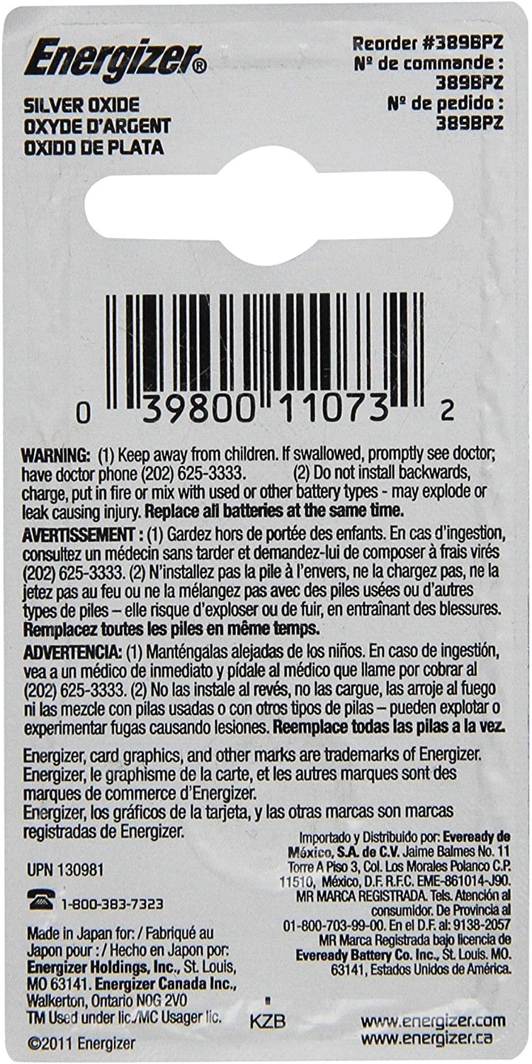 Energizer 389BPZ Zero Mercury Battery, 1 Count (Pack of 1)