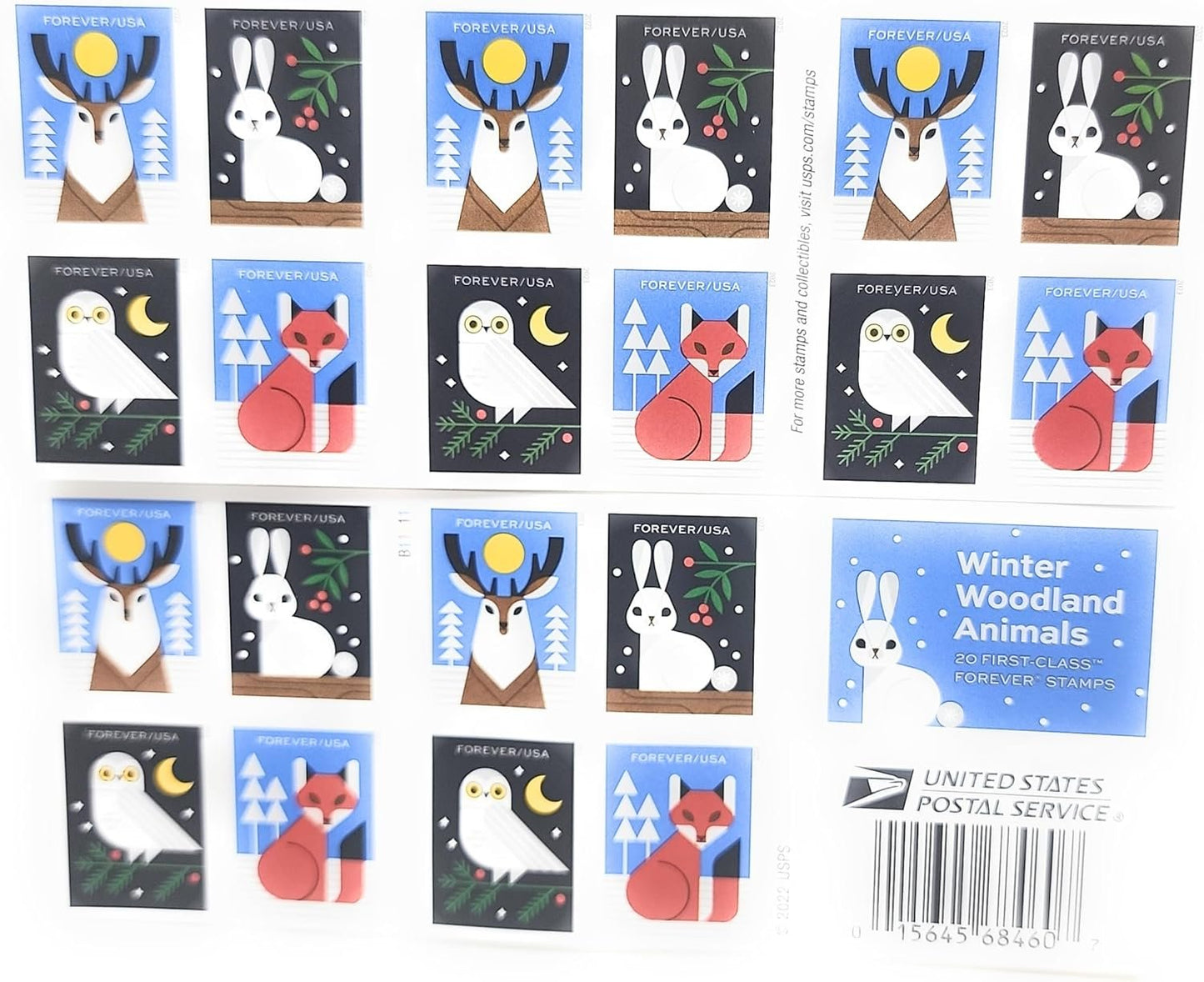 Winter Woodland Animals (Booklet of 20) Forever Postage Stamps (a Deer, Fox, Rabbit, and Owl) 2023 Scott #5822-5825
