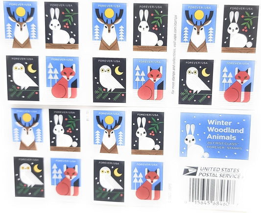 Winter Woodland Animals (Booklet of 20) Forever Postage Stamps (a Deer, Fox, Rabbit, and Owl) 2023 Scott #5822-5825